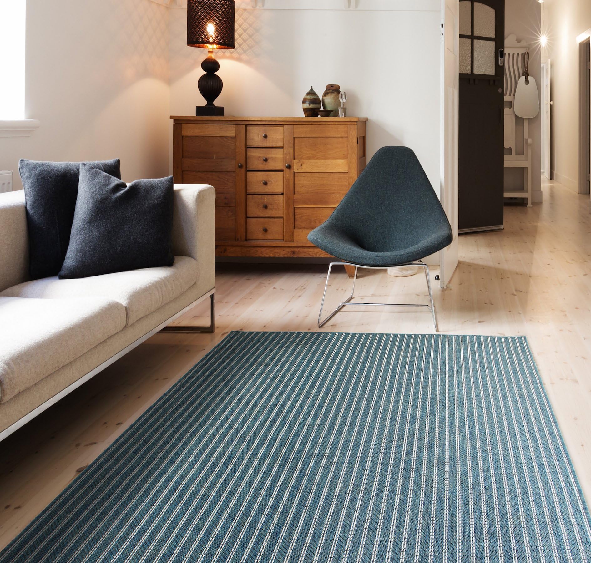 HOMEGNOME Indoor Outdoor Striped Rug 8'x10' Ocean Blue Neutral