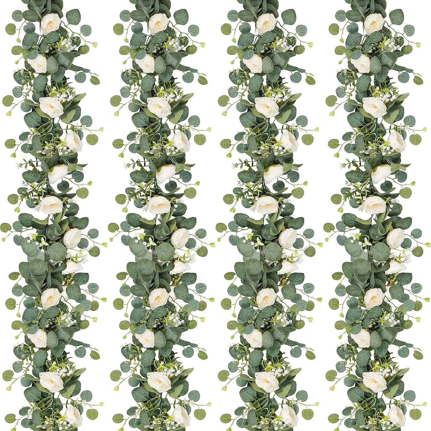 UXORSN 4PCS 6FT Artificial Eucalyptus Flower Garland with White Roses Fake Flower Garlands Silk Rose Greenery Garland Faux Floral Ivy Vines for Wedding Home Party Table Runner Centerpiece Decoration