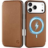 SHIELDON Slim Genuine Leather Case Wallet for iPhone 17 Pro Max 6.9" 2025 | Flip | Wireless Charging | Magnetic | RFID Blocking Credit Card Holder | Full Protective Phone Cover | Saddle Brown