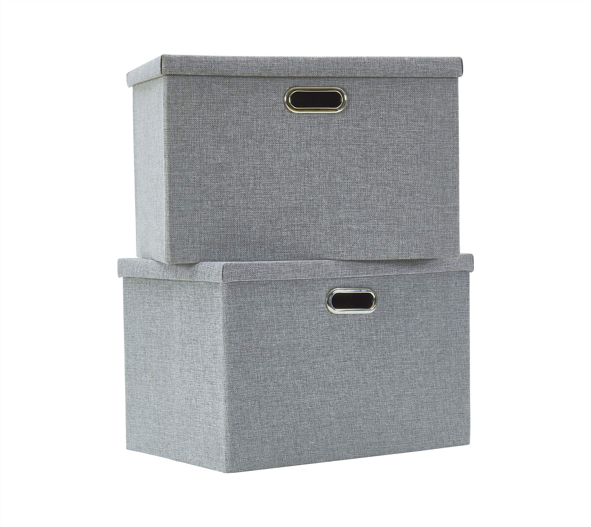 AlphaHome Extra Large Storage Box with Lid, Collapsible Linen Fabric Storage Baskets with Galvanized Metal Handles, Set of 2 (Glaucous Grey, 44x31x29cm)