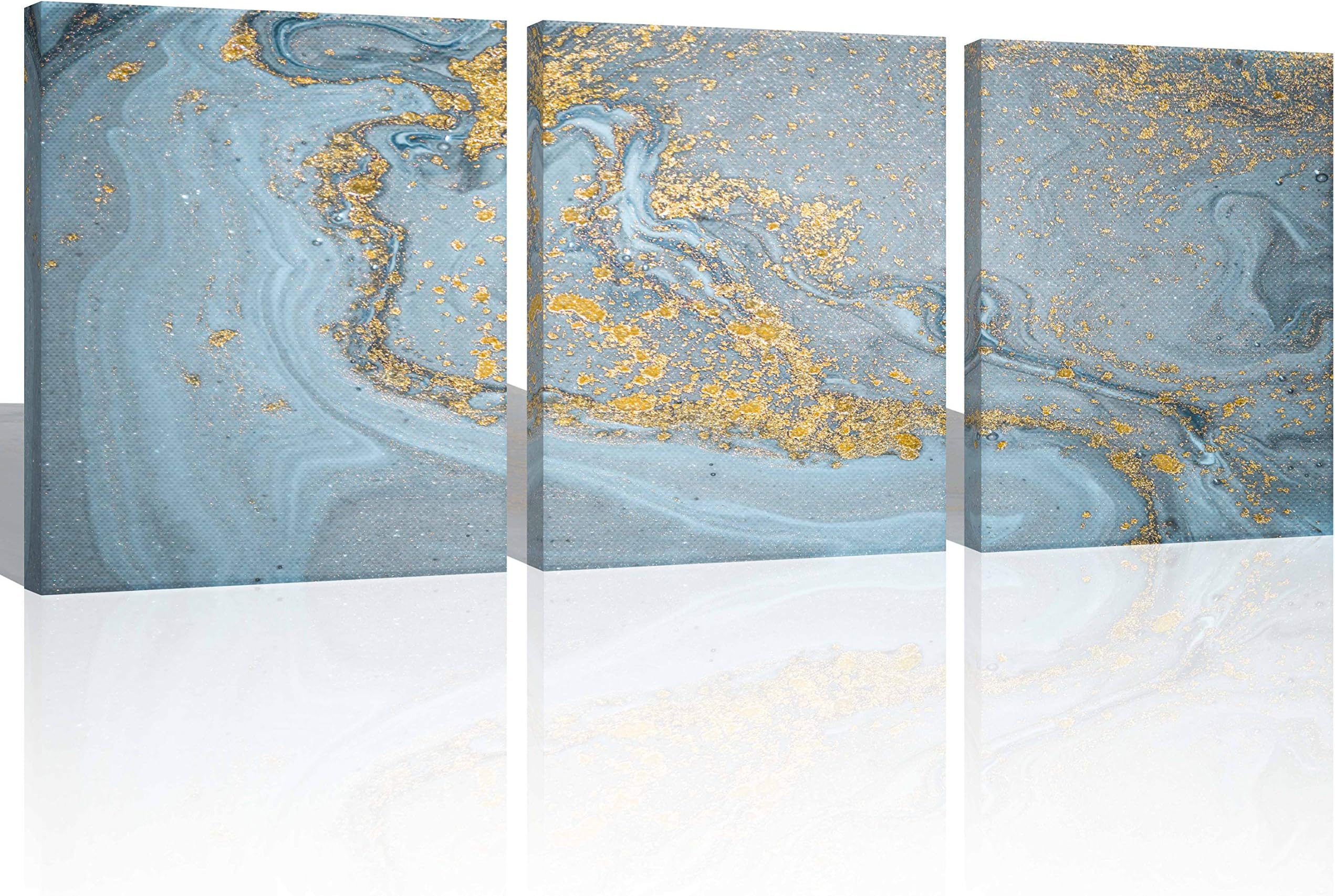 Oiney Pewter Blue Gold Abstract Canvas Wall Art 3 Panels Marble Modern Wall Art Decor for Home,Office,Hotel