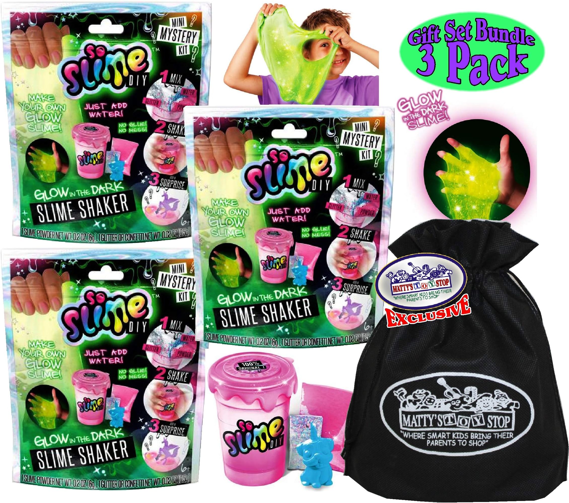 So Slime DIY Glow in The Dark Slime Shaker/Maker Blind Pack Gift Set Party Bundle with Bonus Matty's Toy Stop Storage Bag - 3 Pack (Assorted)