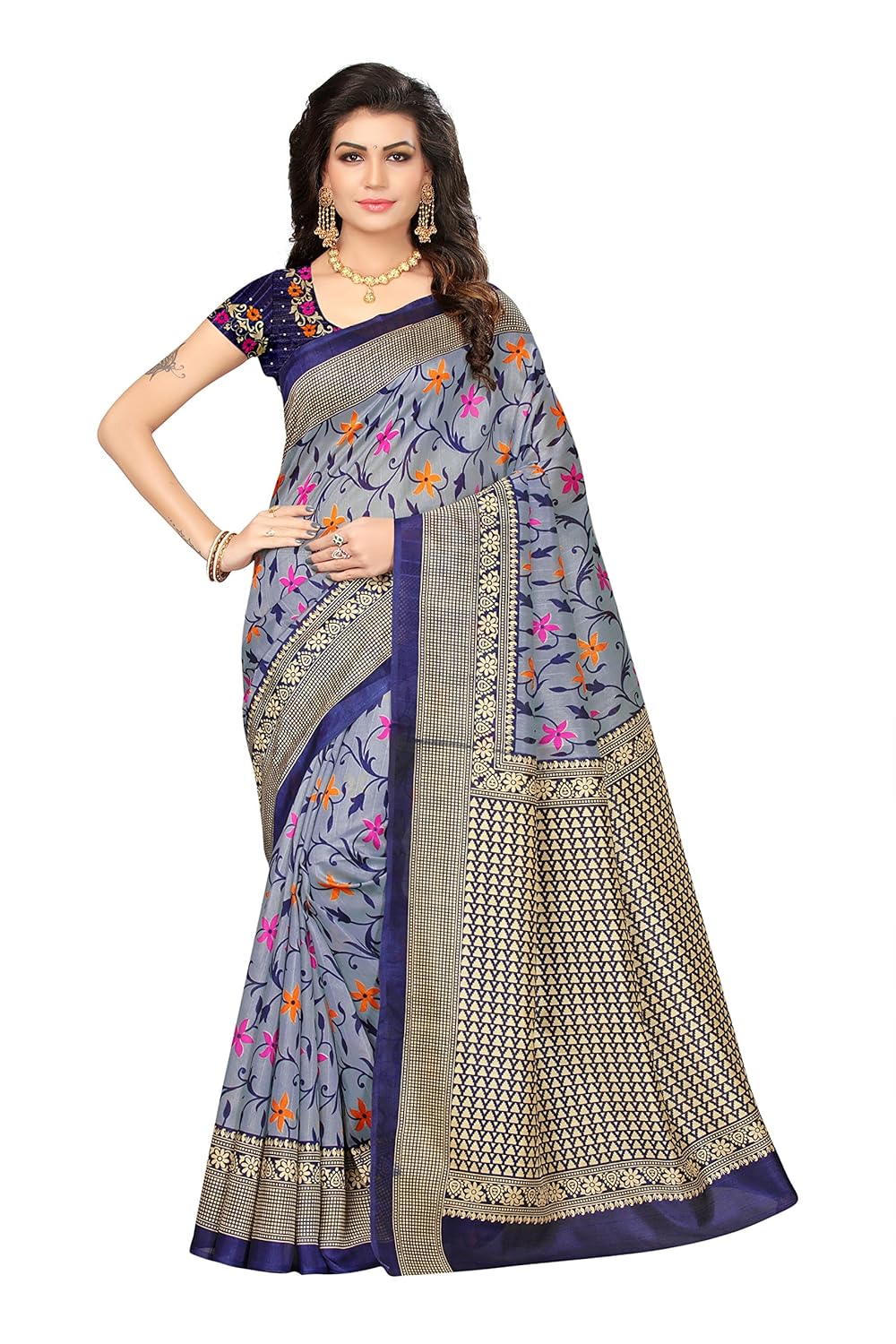 oomph! art silk saree with blouse piece