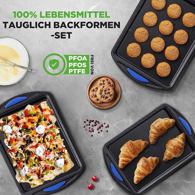 Backblech Set 3-teilig – Antihaft Ofenbleche Blau mit Silikongriffen, 45.5x27 cm, 40x25 cm, 35x22 cm PFOA-frei, stapelbar und langlebig, rutschfest, gut für Pizza, Kuchen, Brot, Blau/Schwarz — Foto 5 von 8