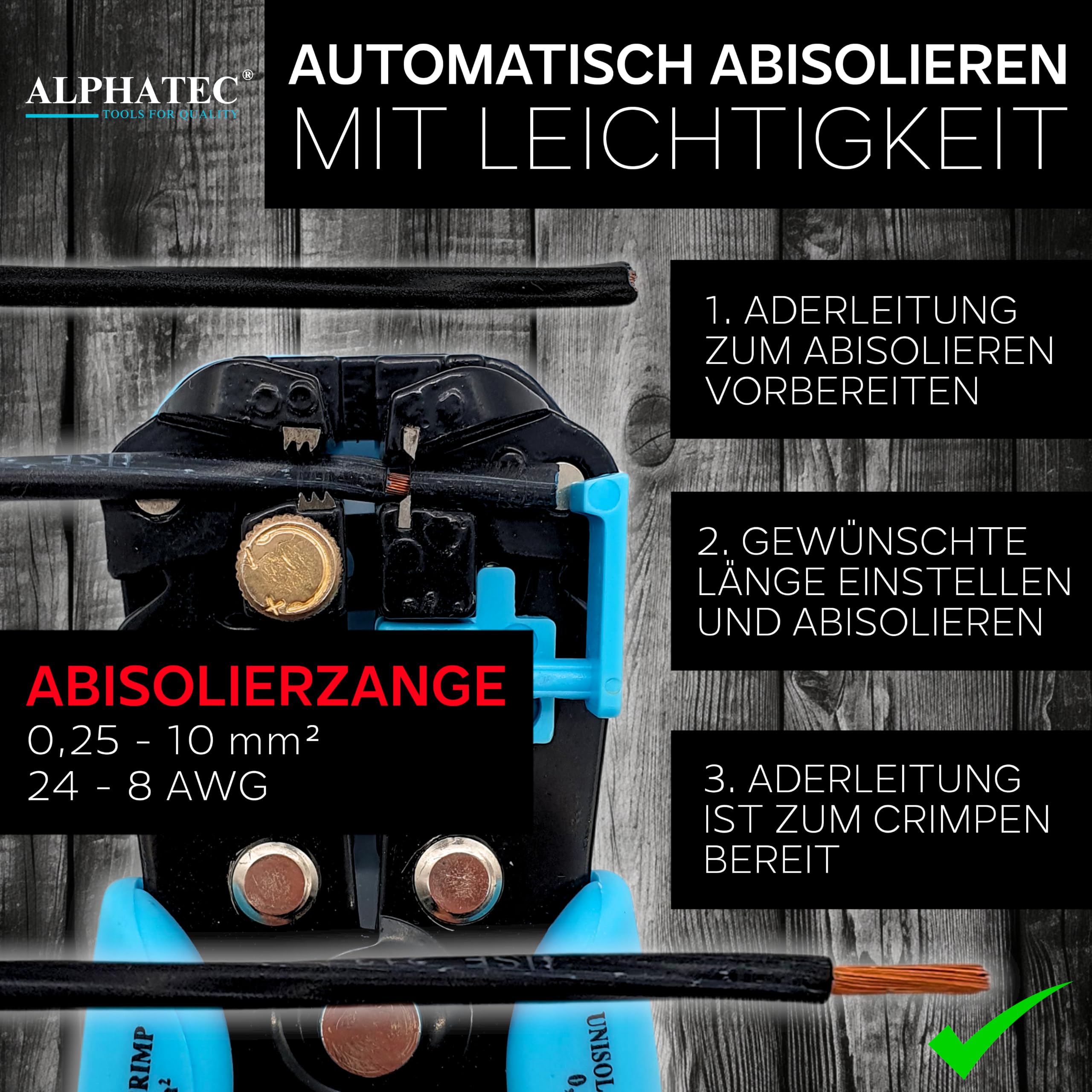 ALPHATEC® Crimpzange Set mit Wechselbacken inkl. automatische Abisolierzange - [0,25-10mm²] - Crimpzange Kabelschuhe, Aderendhülsenzange, Flachstecker, MC4 Zange PV Solar - Krimpzangenset 8-teilig 5