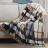 Tache Winter Cabin Blue Tan Farmhouse Super Soft Micro Fleece Tartan Plaid Plush Lightweight Dual-Sided Decorative Couch, Sofa, Travel, Lap, Bed Throw Blanket, 90x90, Full/Queen Size