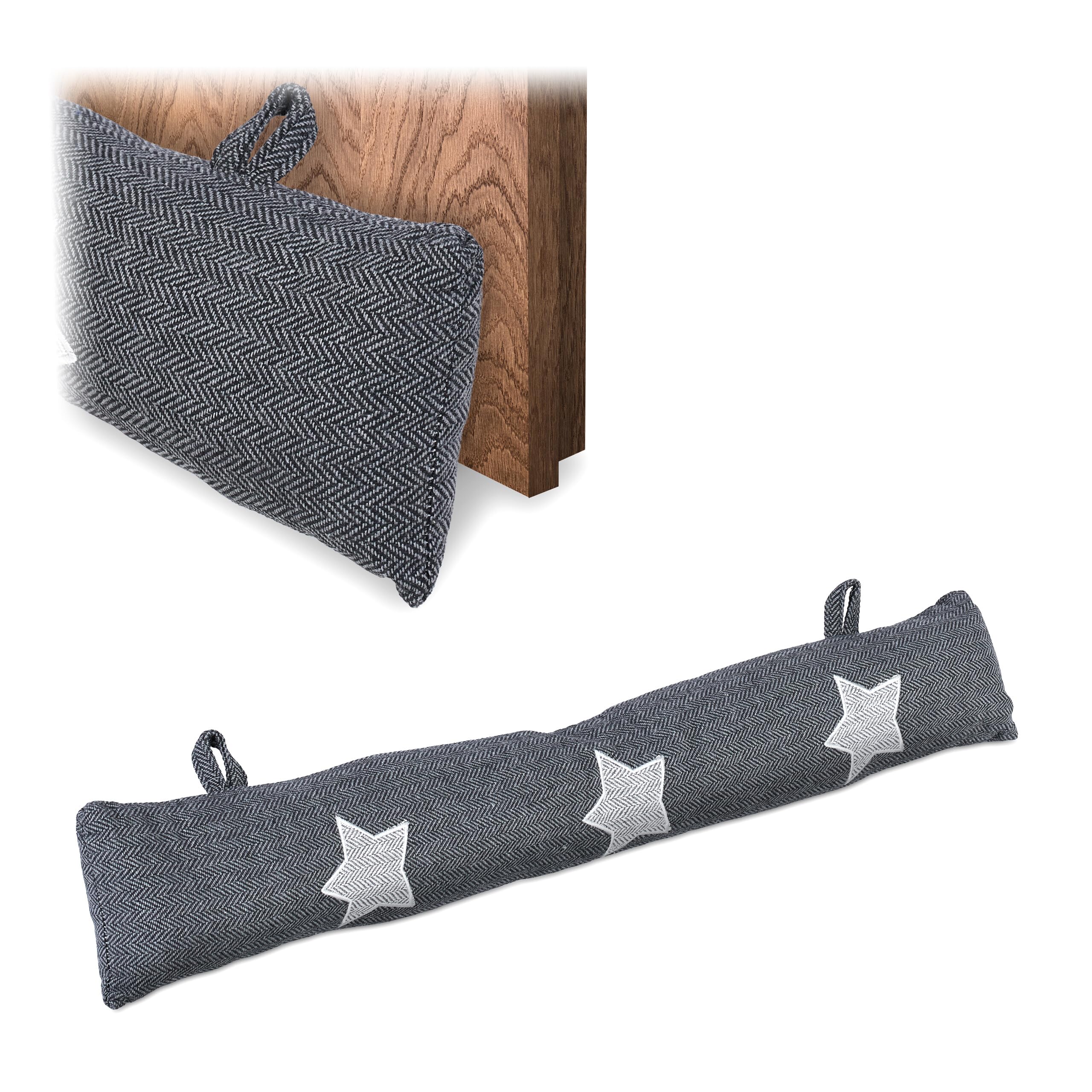 Relaxdays Draught Stopper Roll, Wind Seal for Door & Window, Sand Filling, Cold Protection, Star, 10 x 76 x 7 cm, Grey, Polyester