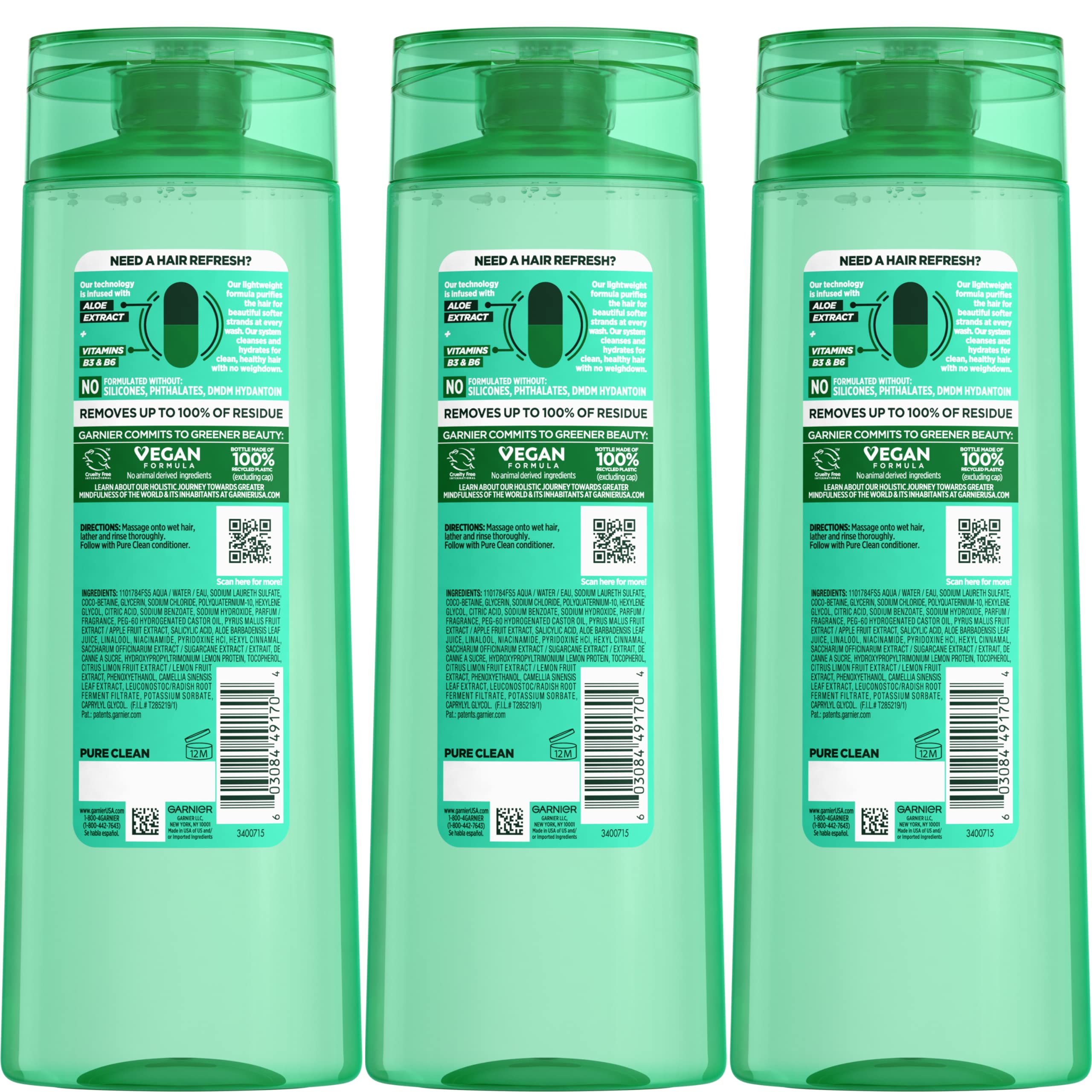 Garnier Fructis Pure Clean Purifying Shampoo, Silicone-Free, 12.5 Fl Oz, 3 Count (Packaging May Vary)