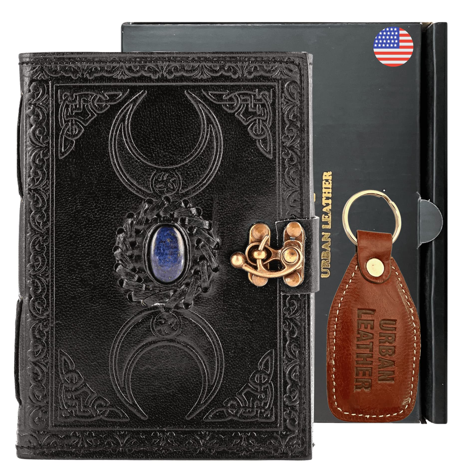 Urban Leather Lapis Celtic Triple Moon Grimoire Black Book of Shadows Journal for Men Women to Write in, Wicca Wiccan Pagan Witchcraft Drawing Sketchbook Writing Notebook, Thick Blank Pages