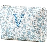 HBselect Initial Quilted Makeup Bag, Cotton Large Travel Makeup Bag, Cute Floral Coquette Make up Bag Cosmetic Bag Toiletry Bag for Women Girls V