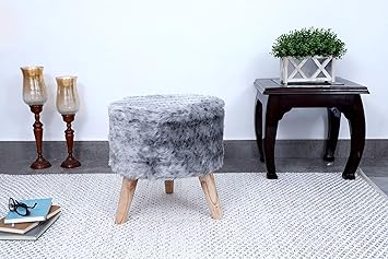 CHOPRA INTERNATIONAL Faux Fur Round Foot Stool Ottoman, 3 Wooden ice-Cream Cone Legs, 44x44x45 cm, Living Room Bedroom Footstool (Light Grey, Pack of 1)