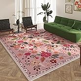 Rugcomf Area Rugs 8x10 Rug for Living Room Clearance Washable Boho Area Rug Non Slip Floral Vintage Low Pile Large Rug for Living Room, Bedroom, Farmhouse, Dining Room, Kids Playroom(Pink)