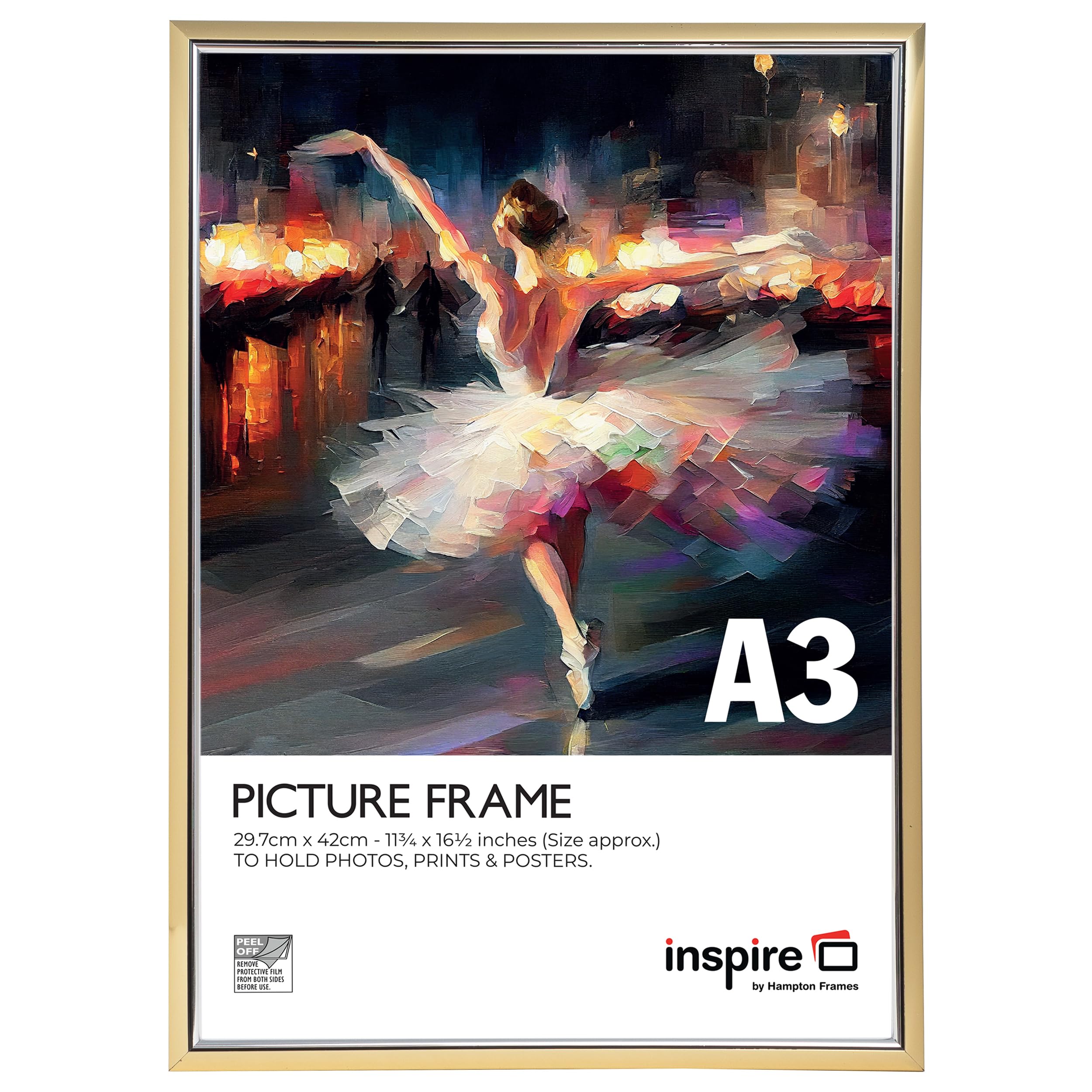 inspire by Hampton Frames | Picture Poster Frame | A3 (30x42cm), Gold, Plastic, Foil Wrapped | Acrylic Non-Glass Front, Drop-In Back, Wall Mount | For Photo, Certificate, Artwork Display
