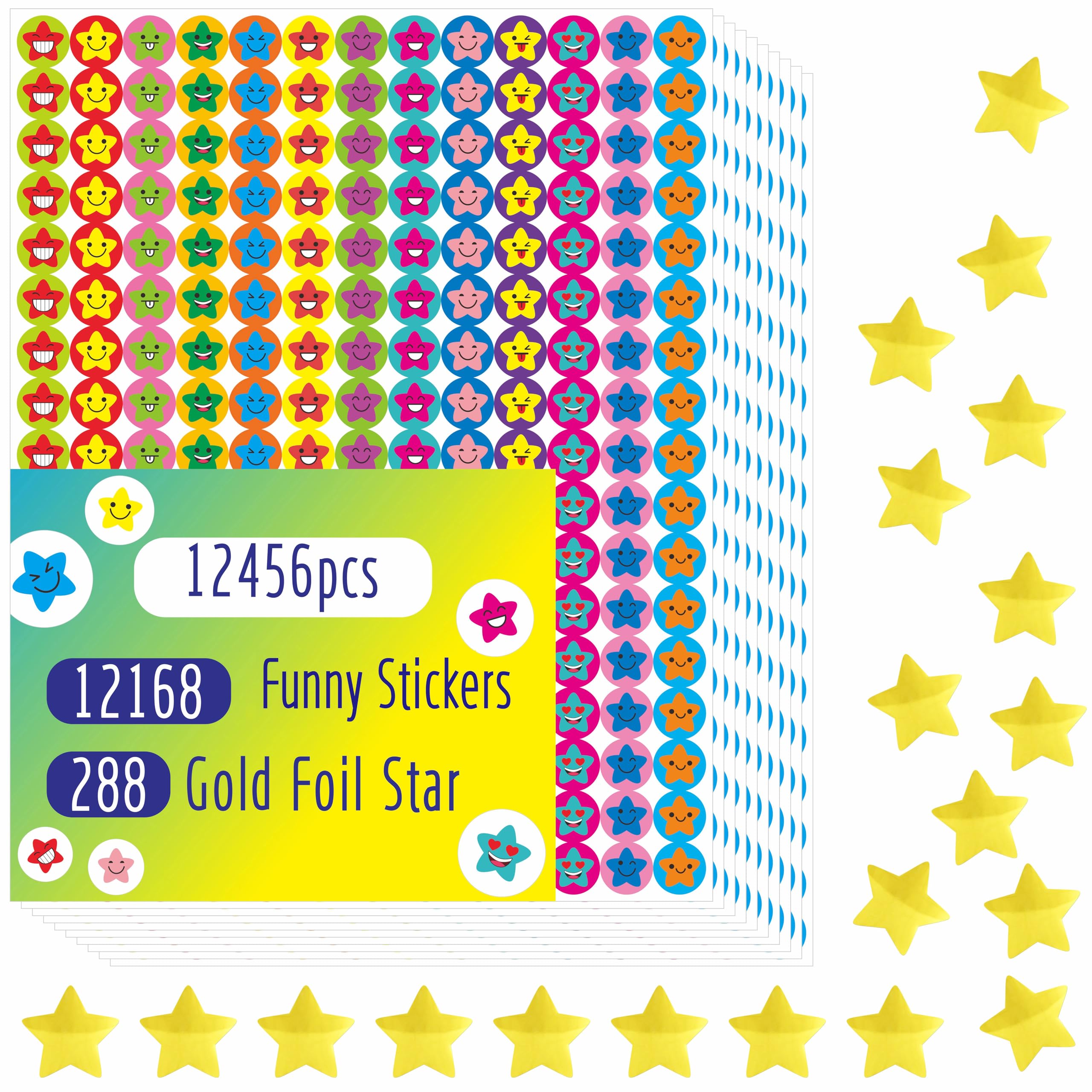 12456 PCS Star Stickers, More Than 12100 Incentive Star Stickers & 288 Gold Foil Star Stickers in 14 Colors and 14 Designs for Reward Behavior Chart (Each Measures 3/8”)