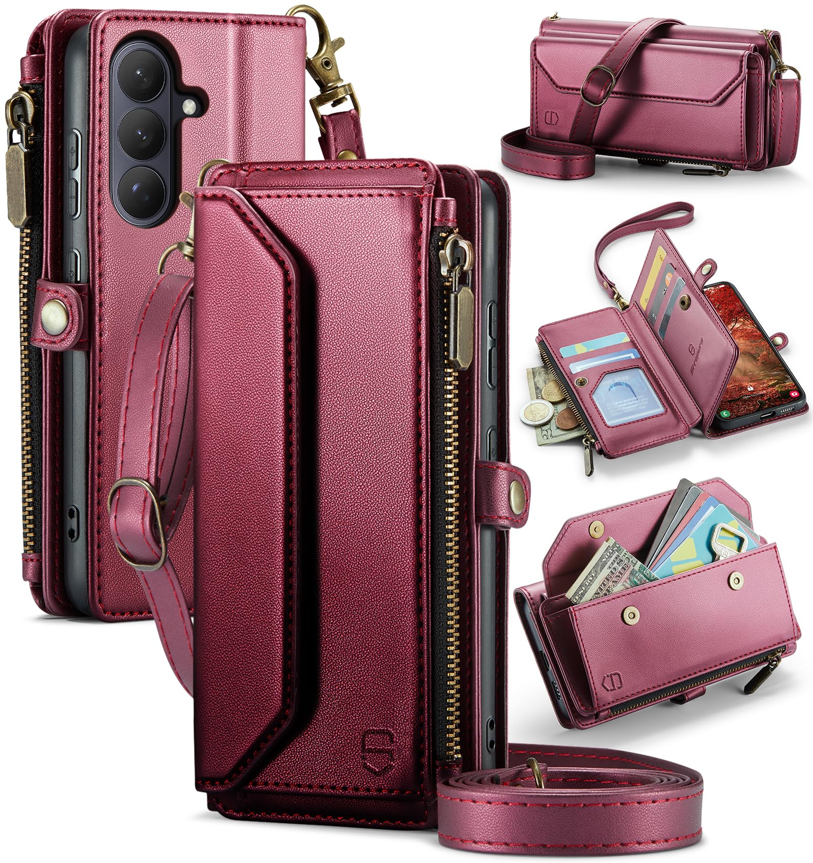 Strapurs Wallet Case Compatible with Samsung Galaxy S26 5G RFID Blocking 10-Card Holder Soft PU Leather Magnetic Snap Shoulder Strap Zipper Pocket Phone Case Fit for Galaxy S26 - Wine Red