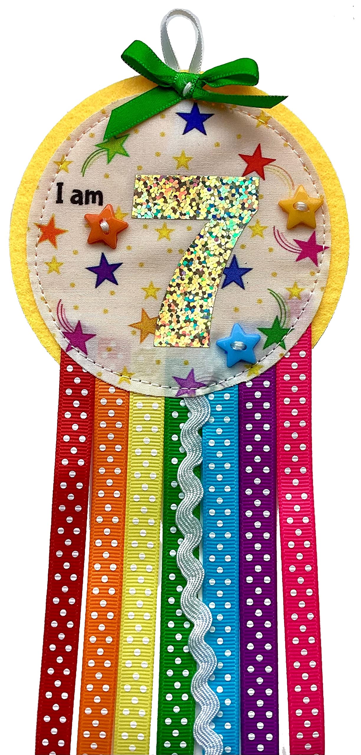 Ditsy Rosettes Rainbow Birthday Rosette Badge - Age 3, 4, 5, 6, 7, 8, 9 - Perfect Party Gift card – Birthday Boy, Birthday Girl (STARS - Age 7)