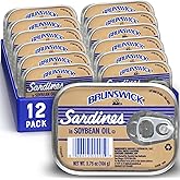 Brunswick Wild Caught Sardines in Soybean Oil, 3.75 oz Can (Pack of 12) - 14g Protein per Serving - Gluten Free, Keto Friendly, Kosher