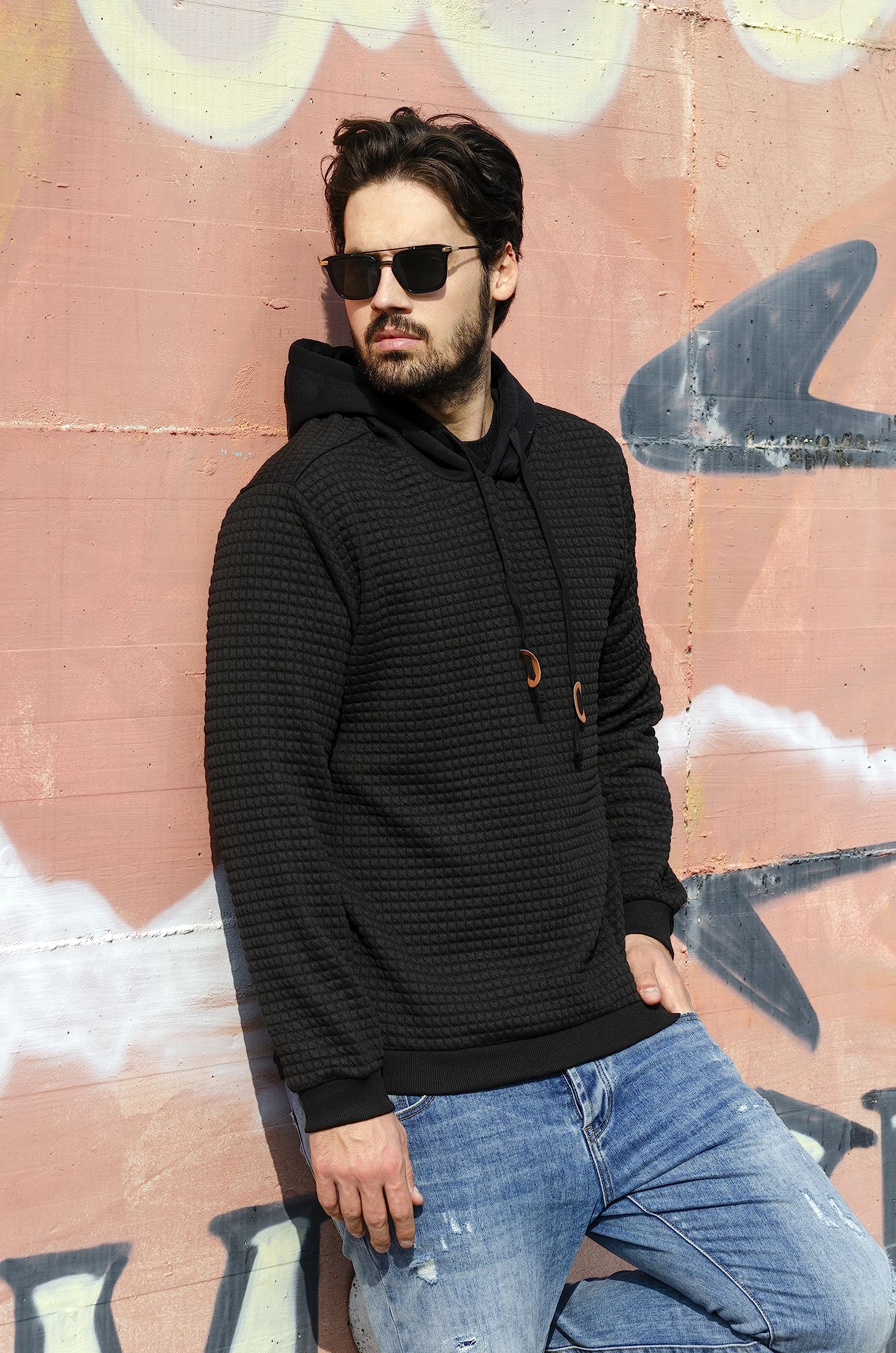 COOFANDY Mens Hooded Sweatshirt Casual Long Sleeve Drawstring Waffle Knit Pullover Hoodies