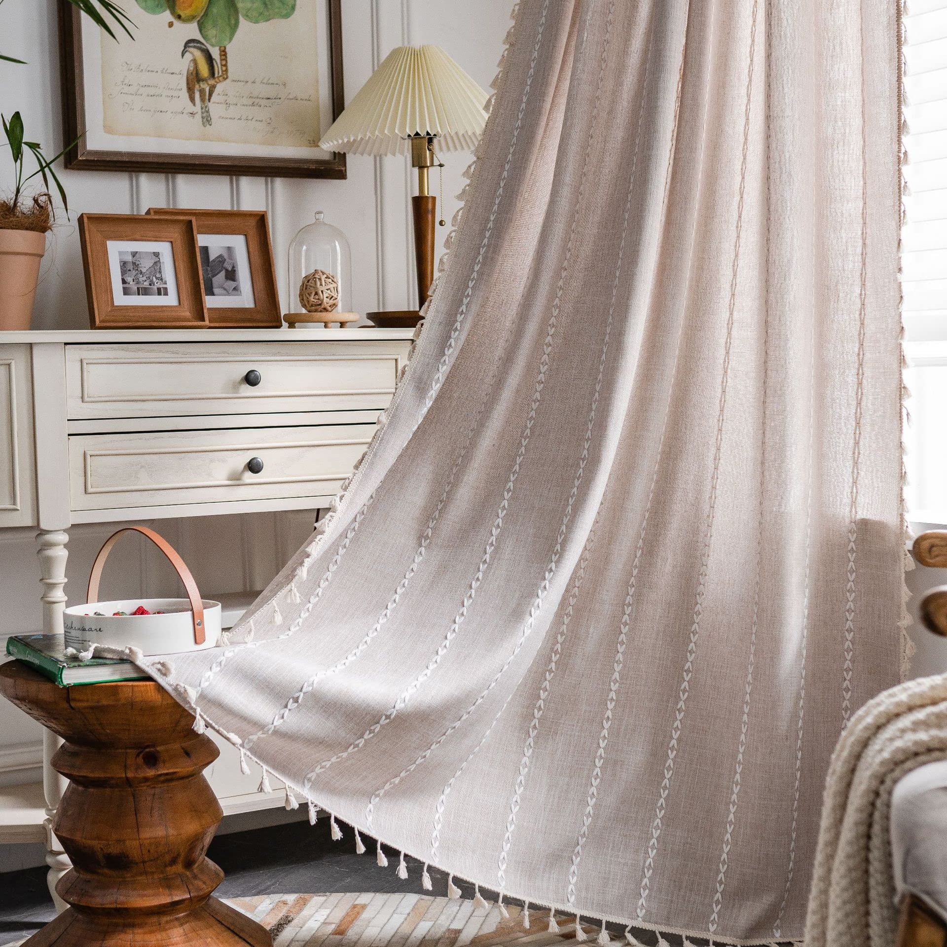 USTIDE Boho Curtains for Bedroom Living Room 84 Inches Long Farmhouse Semi Blackout Curtains 1 Panel Cotton Linen Embroidery Window Curtain Panel, Bohemian Tassel Curtain Drapes, 52" W x 84" L, Coffee