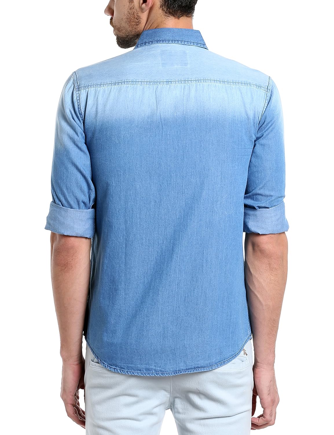 dennis lingo men's denim light blue solid casual shirt
