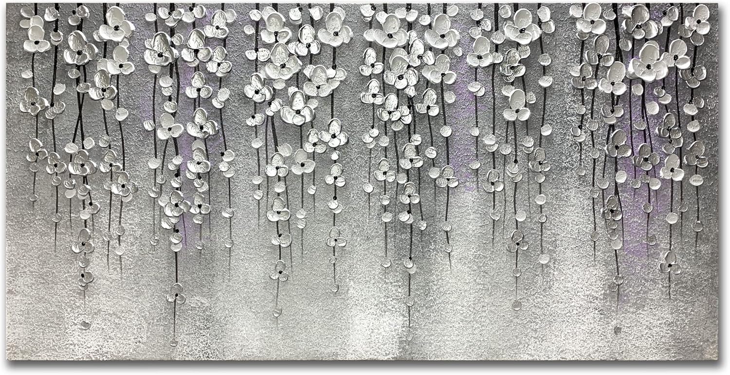 Paintings - Yika Art 3D Paintings 24X48 Inch Modern Abstract Oil Painting Hand Painted On Canvas Abstract Artwork Picture Wall Decoration for living room - Silver Flower Wall Art (Gery)