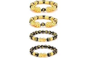 Udalyn 4 Pcs Feng Shui Black Obsidian Wealth Bracelet for Men Women Good Luck Charms Bead Bracelets Attract Wealth Money Adjustable Mens Pixiu Bracelet Set