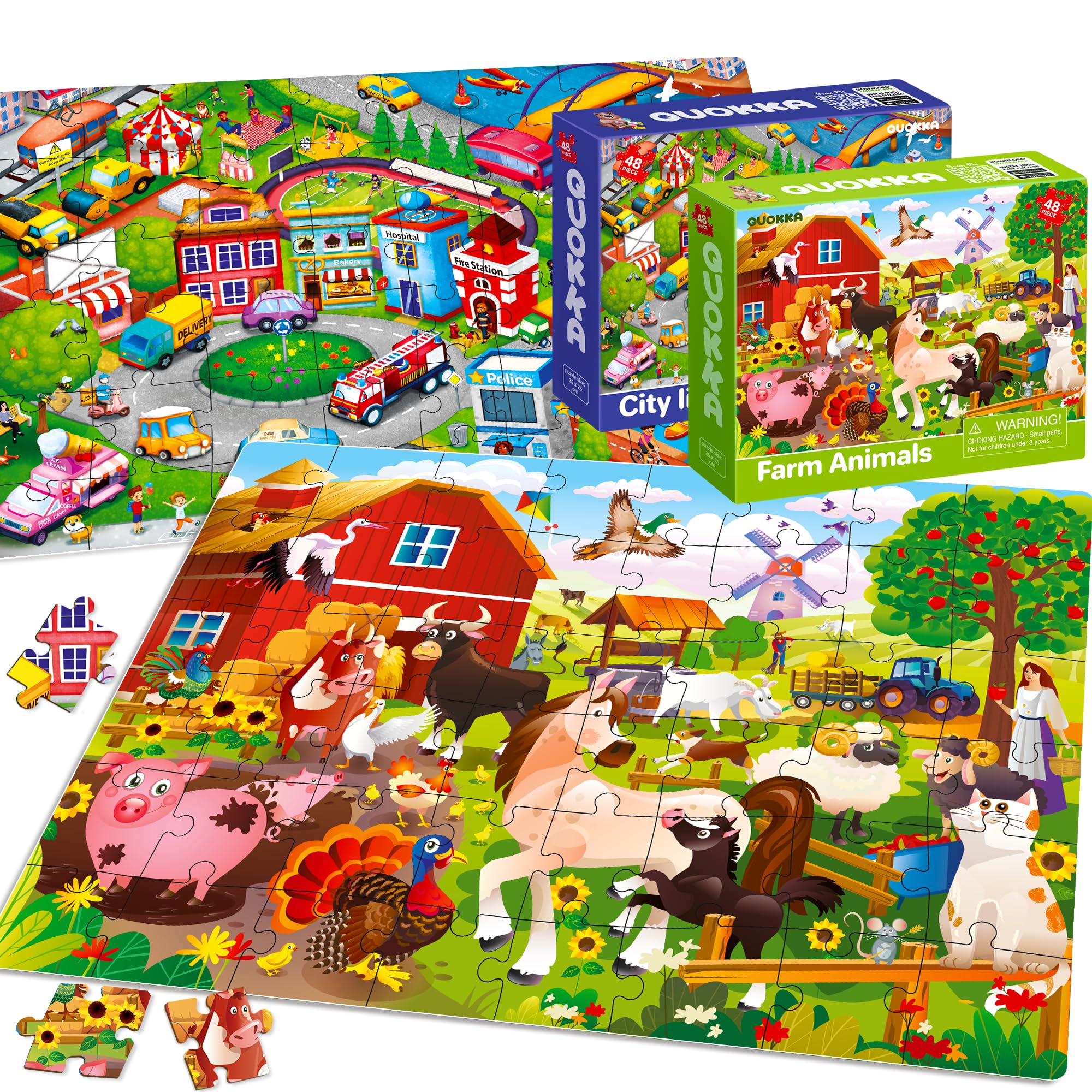 QUOKKA Puzzles for Kids Ages 4-6 – 4 x 48 Pieces Jigsaw Puzzles for Toddlers 2-4 – Children's Game Ages 3-5 for Learning Farm Animals – Educational Preschool Toy for Boys and Girls 4-8 Years Old