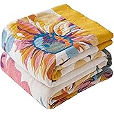 Phuryllic Boho Throw Blanket Throw Size, Soft Cozy Cotton Muslin Quilt Blanket for Bed Decor, Floral Patterned Couch Sofa Chair Cover, Vintage Farmhouse Cottage Tapestry Woven Blanket, Yellow&Blue