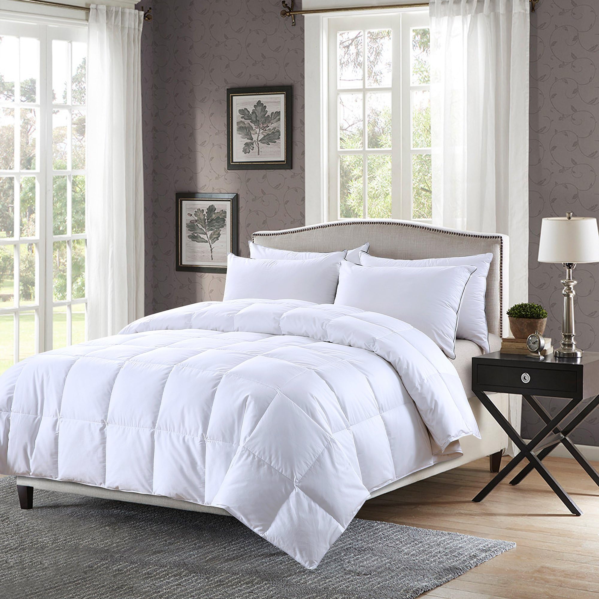 Elliz Super White Down Comforter Year Round Warmth Duvet Insert 100% Cotton 600 Fill Power, Queen Size, White