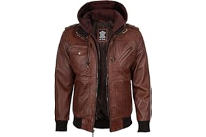 Decrum Hooded Leather Jacket Men - Real Lambksin Bomber Style Leather Jackets For Mens With Detachable Hood