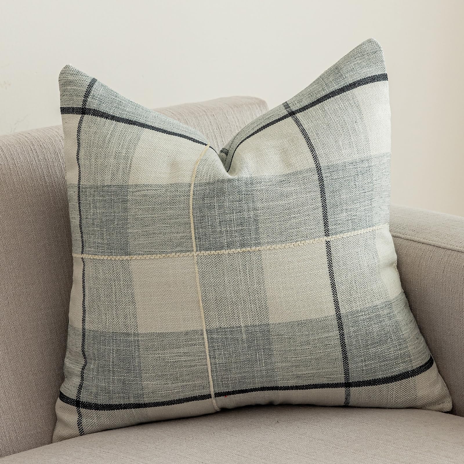 Photo 1 of *COVER ONLY* vctops Rustic Lattice Cotton Linen Decorative Throw Pillow Cover Embroidery Square Cushion Cover Pillowcase for Sofa Bedroom Couch (Grey White Plaid, 20"x20")