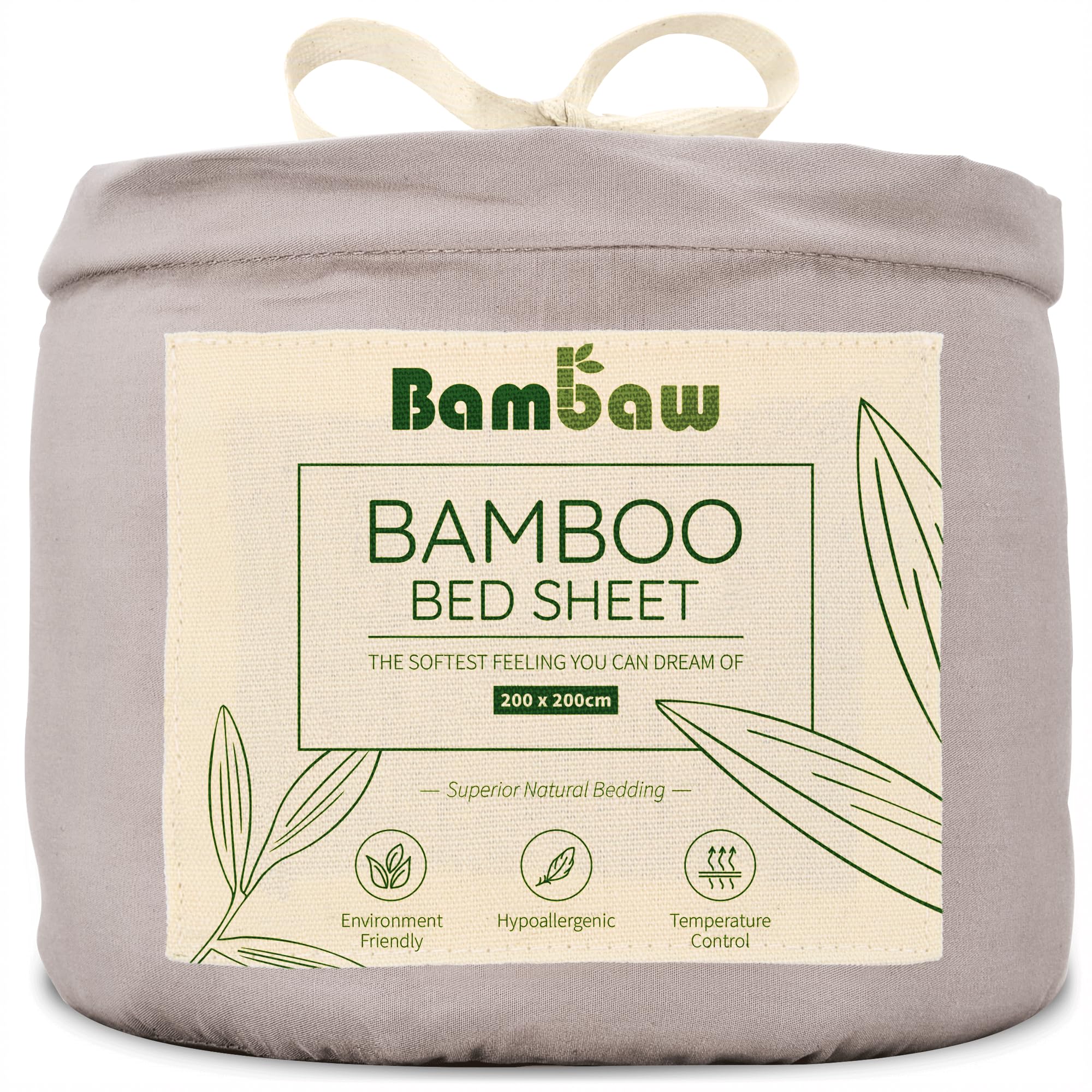 Bambaw – Fitted Sheet 200x200 cm, 100% Bamboo Sheets, Grey Fitted Sheet, Soft, Breathable and Hypoallergenic Light Grey Bedding