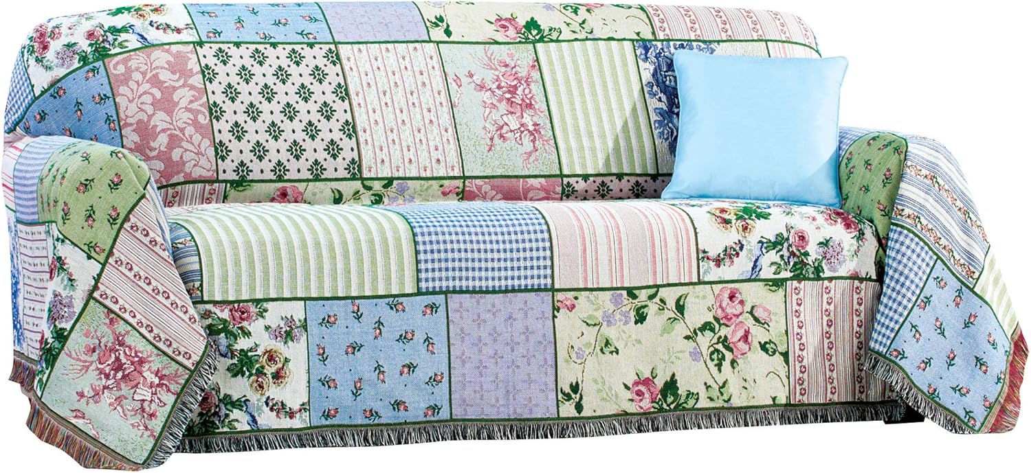 Collections Etc Floral Patchwork Furniture Tapestry Throw - Tucks Away Around Cushions - Terrific Fringed Edges - Machine Washable