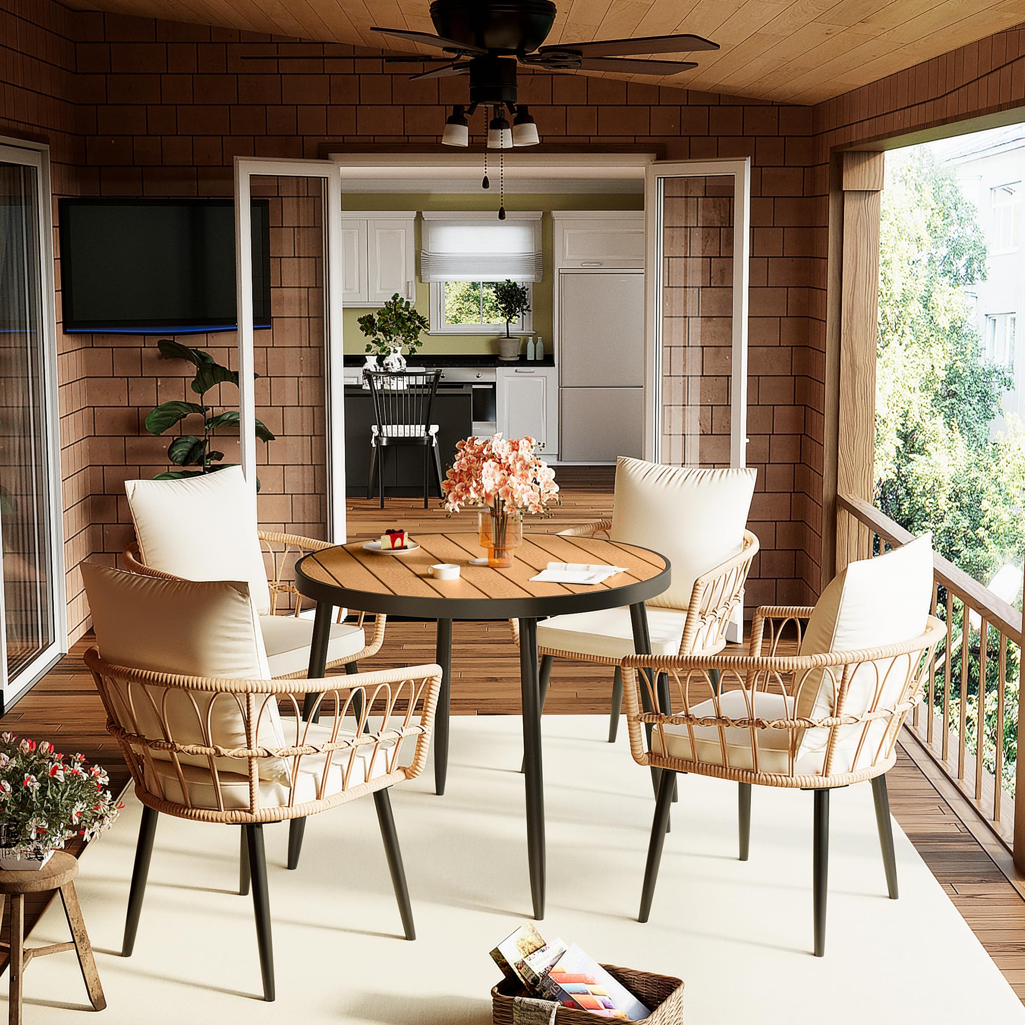 Photo 1 of *TABLE NOT INCLUDED/ MISSING HARDWARE* Pamapic 5 Pieces Patio Dining Set,All-Weather PE Rattan Patio Furniture Set with Wood Table Top, Outdoor Table and Chairs with Removable Cushion & Round Dining Table for Lawn Garden Patio, Cream