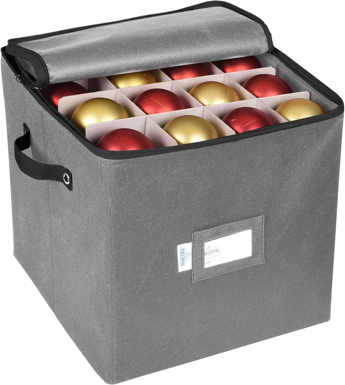 Holiday Décor Storage - ProPik Christmas Ornament Storage Box, 4 Tier Holds Up to 64 Holiday Ornaments Decoration Balls, Storage Container with Dividers for 3” Bulbs, Made with Durable Oxford Polyester Material (Gray)
