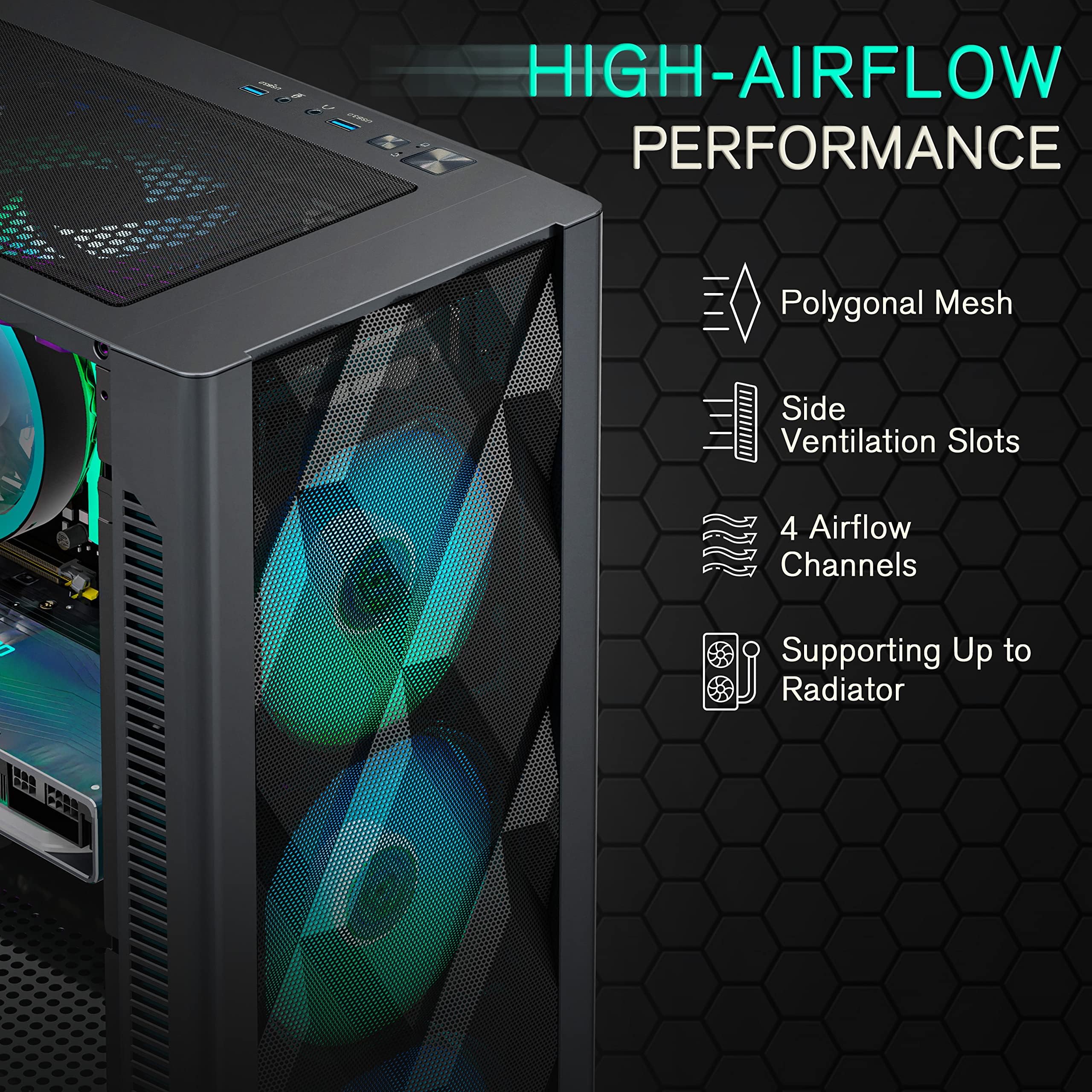 MUSETEX ATX PC Gehäuse Pre-Install 6 PWM ARGB Lüfter, Polygonal Mesh Computer Gaming Gehäuse, Öffnung gehärtetes Glas Seitenwand Mid-Tower Gehäuse, USB 3.0 x 2, Schwarz, NN8 3