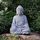 TOETOL Large Buddha Statue Outdoor Zen Decor Medium 20” High Yard Decor Magnesium Oxide Stone Grey for Yard Garden Patio Deck Home
