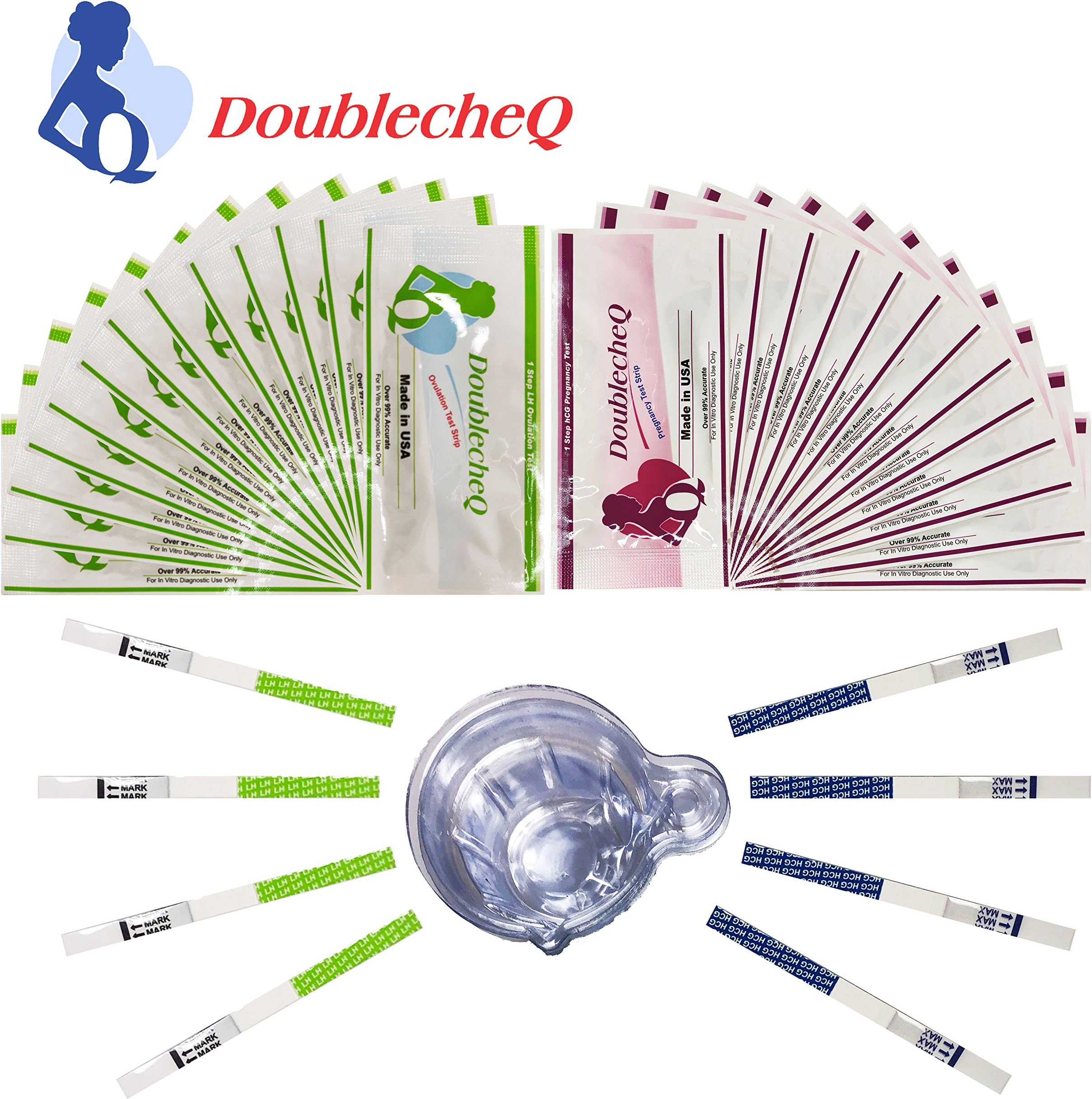 DoublecheQ 【Made in USA】 25 LH + 10 HCG Ovulation Test Strips & Pregnancy Test Strips Combo Kit with Disposable Urine Cups