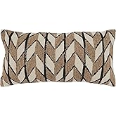 SARO LIFESTYLE Magdalene Collection Chevron Embroidered Throw Pillow with Down Filling, 12" x 24", Natural