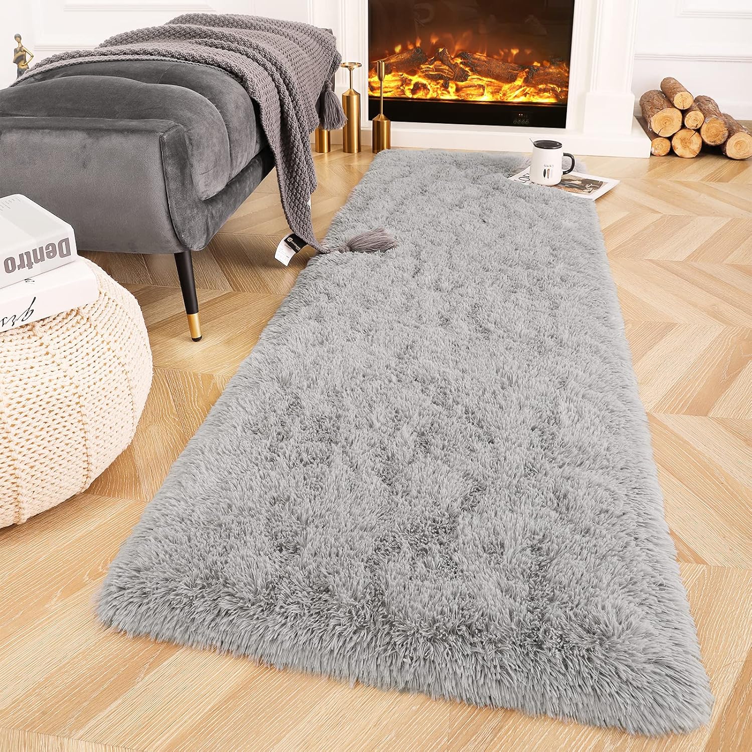 Rugs, Pads & Protectors - Ompaa Fluffy Grey Hallway Runner Rugs for Bedroom Bed Side Non-Slip, 2x6 Feet Long Carpet Rug Runner for Entrance Living Room Dorm, Plush Kids Playroom Baby Girls Nursery Decor Mats
