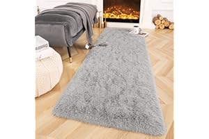 Ompaa Fluffy Grey Hallway Runner Rugs for Bedroom Bed Side Non-Slip, 2x6 Feet Long Carpet Rug Runner for Entrance Living Room Dorm, Plush Kids Playroom Baby Girls Nursery Decor Mats