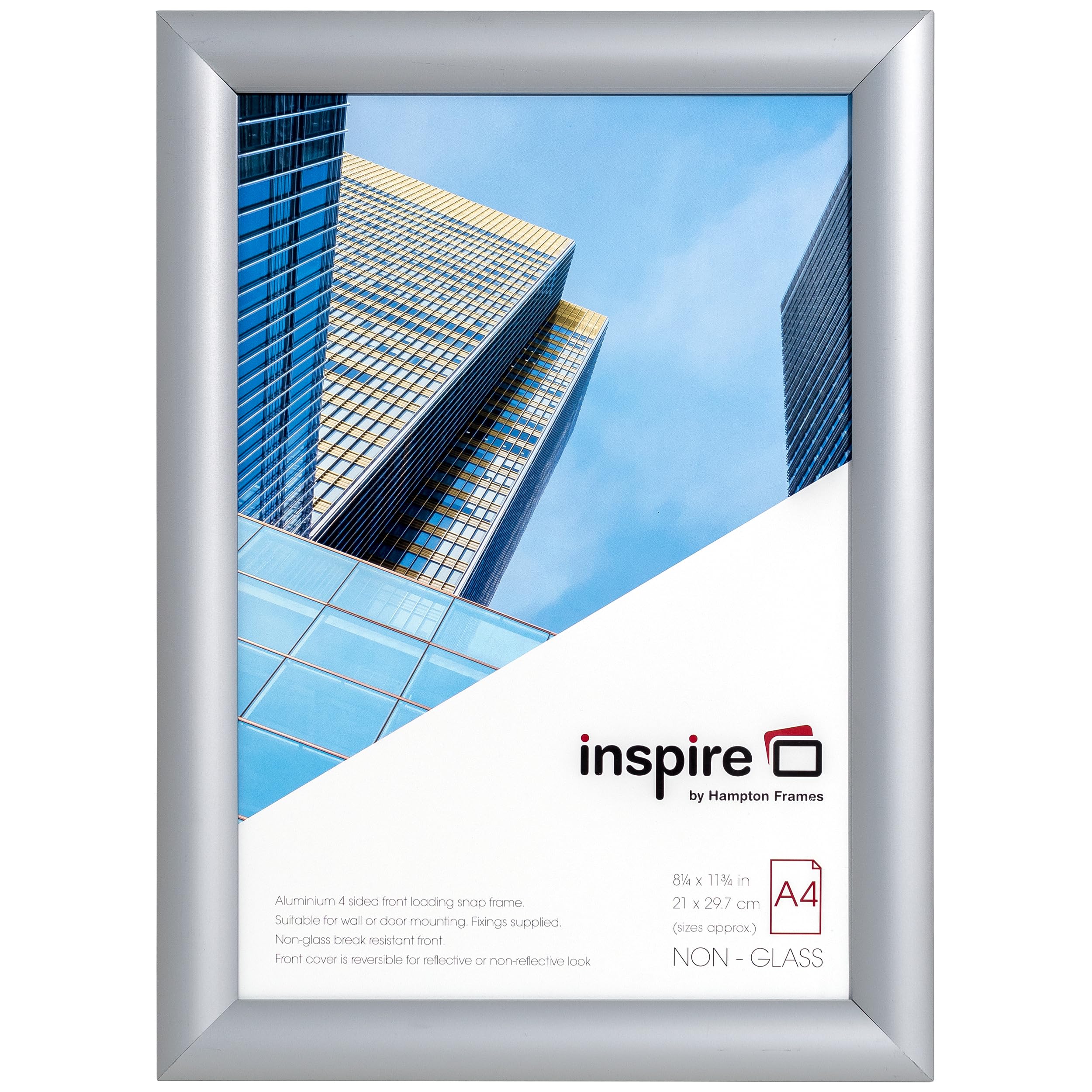 inspire by Hampton Frames | Snap Frame | A4 (21x30cm), Silver, Satin Finish, Aluminium, Acrylic Front | Easy Wall Mount, Rectangular Design, Lightweight | Display Posters or Certificates