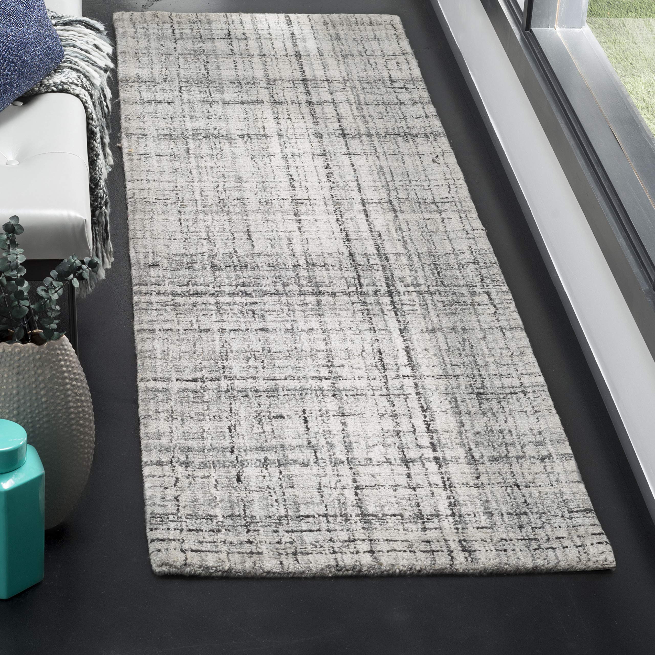 SAFAVIEH Abstract Collection Runner Rug – 2’3″ x 16′, Grey & Black, Handmade Wool & Viscose, Ideal for High Traffic Areas in Living Room, Bedroom (ABT141B)