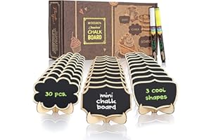 ZAXIDEEL Reusable Mini Chalkboard Signs 30 Pcs in 3 Designs for Food Labels, Table Numbers, and Place Cards Display, Small Blackboards for Weddings, Buffet, and Parties with Wooden Frame and 2 Chalk Markers
