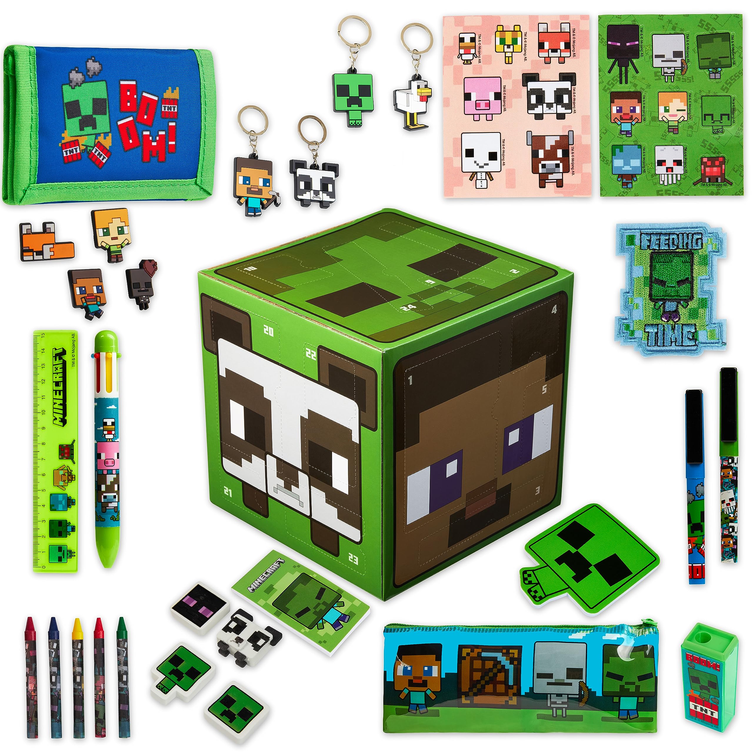 Minecraft Advent Calendar 2025 for Kids Teens, Creeper Stationery & Accessories Christmas Countdown Calendar, Pens Keyrings Gadgets, Gifts for Gamers (Green Cube)