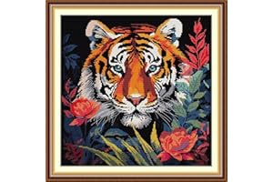 CROSSDECOR Stamped Cross Stitch Kits Full Range of DIY Needlepoint for Adult Beginners Tiger Pattern, for Gift and Home Decor 14CT 2 Strands 15.7×15.7 inch