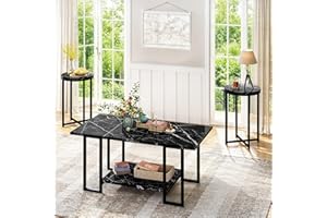Lamerge 3 Pieces Living Room Table Set, Faux Marble Coffee Table with 2 Round End Side Tables, Coffee Table Set with Metal Frame for Apartment Home Office, Black