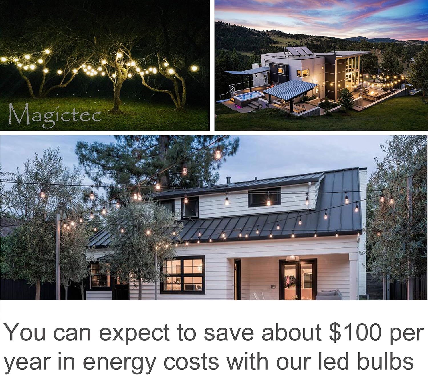 Magictec LED Shatterproof String Lights Commercial Grade with 15 Hanging Sockets 48 Ft Black Outdoor Weatherproof Cord Strand for Patio Garden Porch Backyard Bistro Gazebo Party Deck Yard, 2 Pack - - 