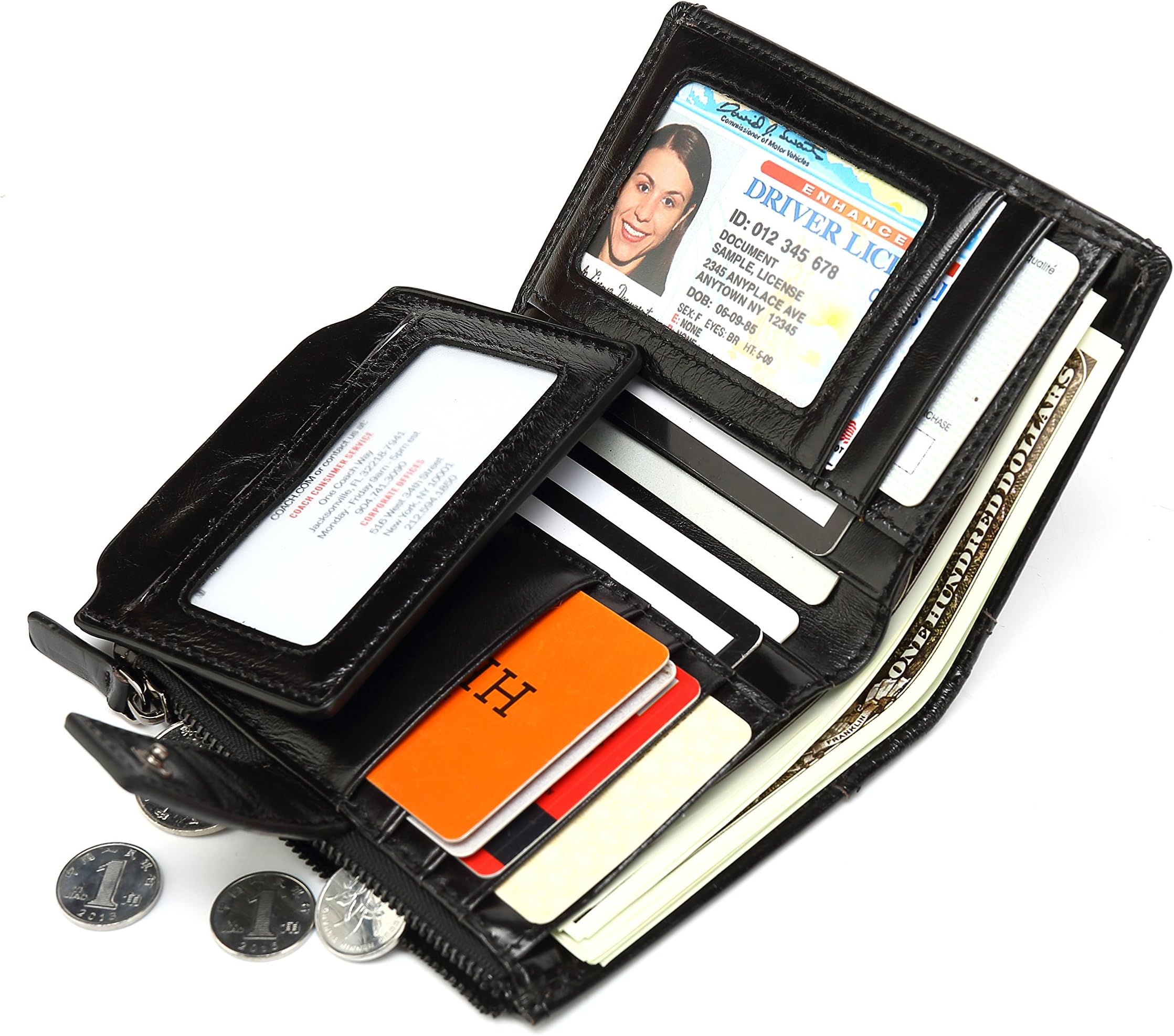 Mens Genuine Leather Wallet Removable Credit Card Holder with Zipper Pocket