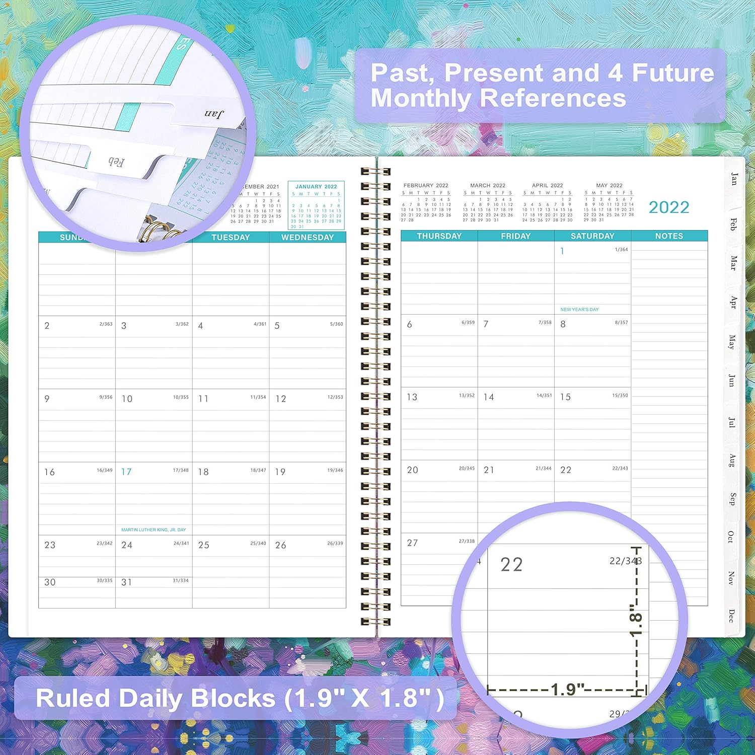 2021-2022 Monthly Planner/Calendar - 18-Month Planner with Tabs & Pocket, Contacts and Passwords, 8.5" x 11", Thick Paper, Jul. 2021 - Dec. 2022, Twin-Wire Binding - Oil Painting : Office Products